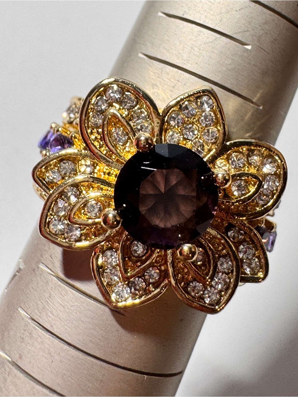 Gold Floral Cocktail Ring with Purple Center Stone
